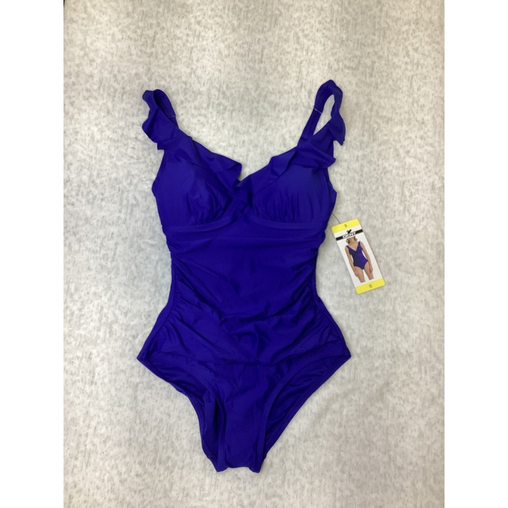 DKNY Womens Royal Blue Ruffle V-Neck Ruched One Piece Swimsuit Size S 1943727 - Picture 1 of 5